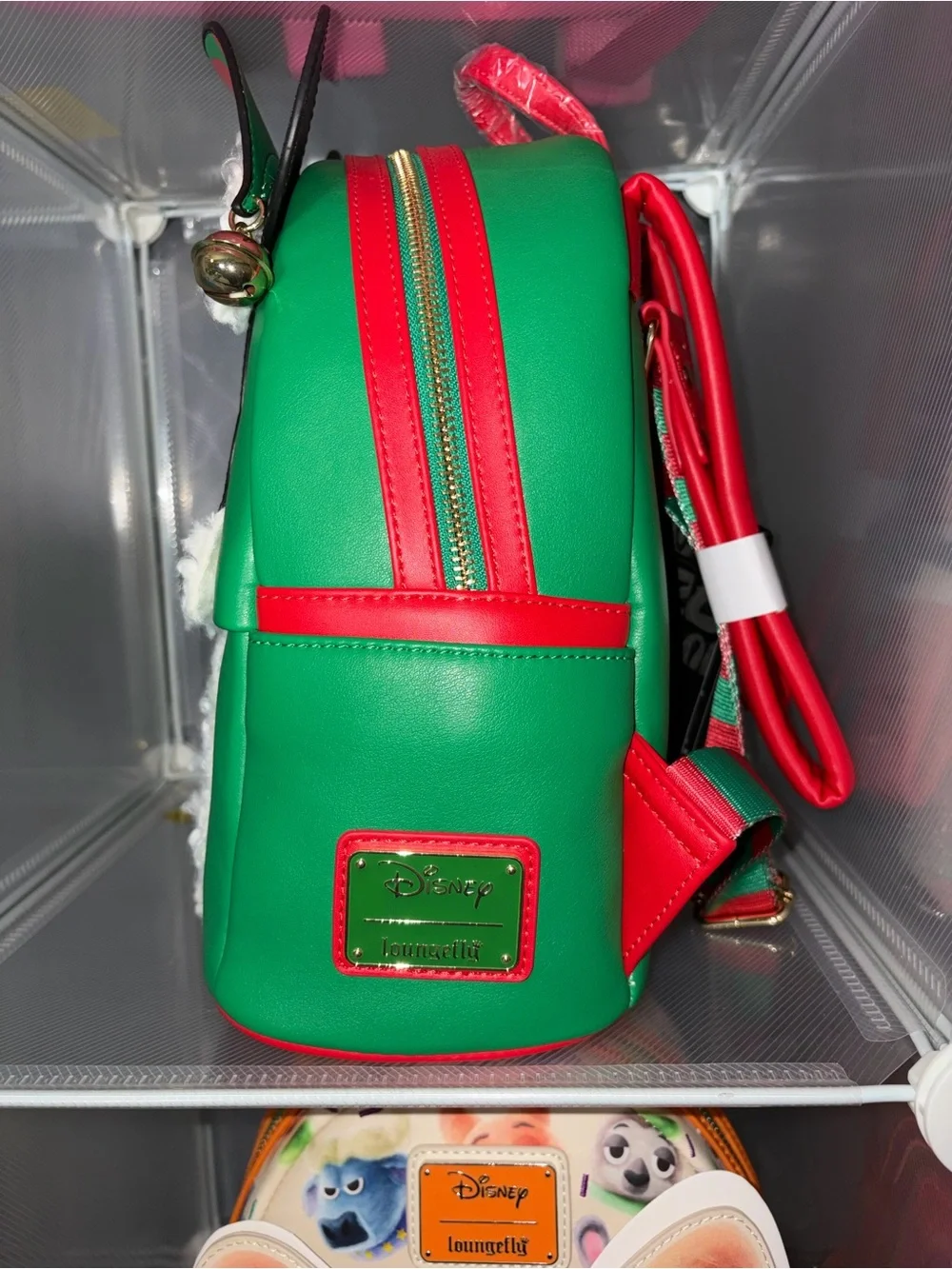 Loungefly Green & Red Mickey Holiday Backpack with Sherpa Trim